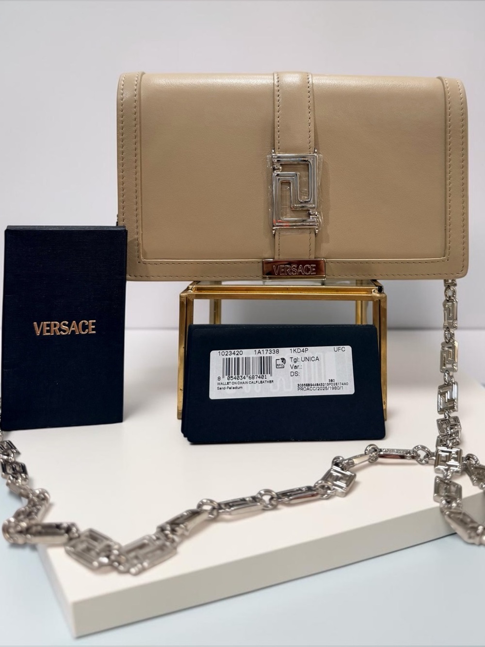 Versace Greca Goddess Wallet on Chain – Sand Calf Leather BRAND NEW